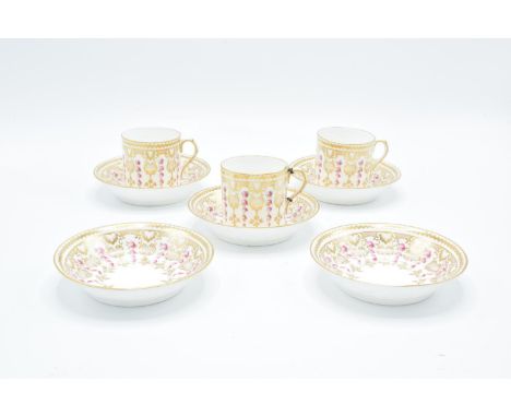 Cauldon China coffee cans and saucers with a pink floral with scene (3 cans, 5 saucers) 1 cup damaged. 2 saucers cracked. Scr
