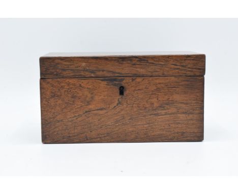 Small rosewood tea caddy with original brass hinges and original lidsone handle has been replaced. 19cmx10x10 