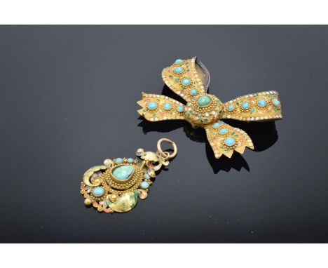 Asian gold coloured metal brooch &amp; pendant set turquoise with enamel decoration: Tested as higher carat gold, with loses 