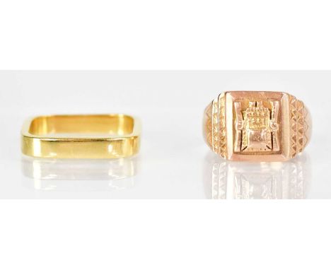 Two yellow metal rings, comprising a signet ring set with an Aztec-style design in relief, size O, marks rubbed, and a square