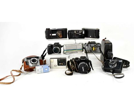 A quantity of cameras, to include an Agfa cine camera, a Cosmic 35 camera, a Fujifilm Finepix S9500 digital camera, a Kodak E