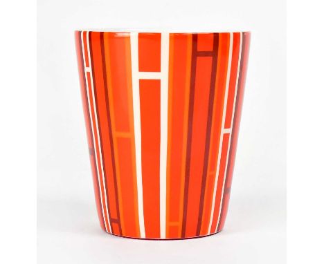 HERMÈS; a ceramic candleholder transfer decorated with orange, cream and brown striped design, with suede-covered base inscri