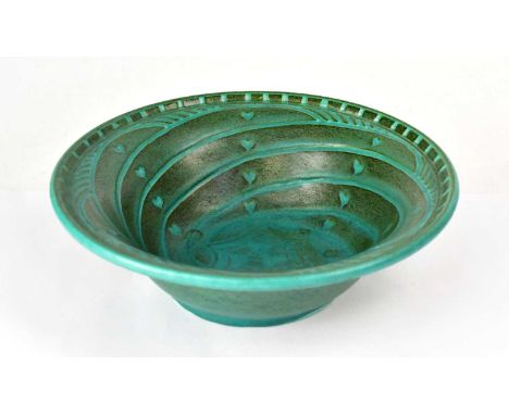 ROYAL LANCASTRIAN; a sea green bowl with inscribed heart decoration, impressed mark 'WSM' and numbered 170 to base, 24 x 7.5c