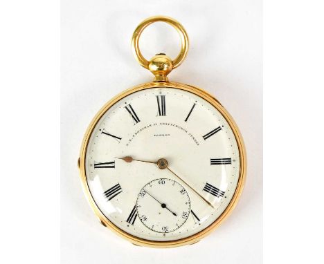 G. E. FRODSHAM; an 18ct gold open face pocket watch, the white enamelled dial set with Roman numerals and subsidiary seconds 