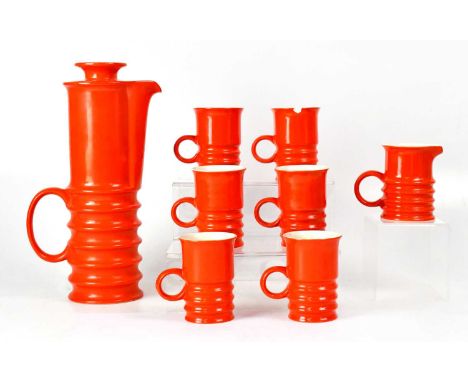 CARLTON WARE; an orange 'Wellington' pattern coffee set comprising coffee pot, six beakers and a matching cream jug (lacking 
