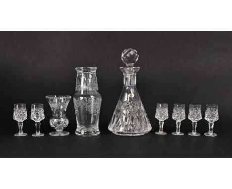 A Turone Crystal 'Doonaree' conical decanter and six matching liqueur glasses, boxed, together with a Bohemia Czechoslovakia 