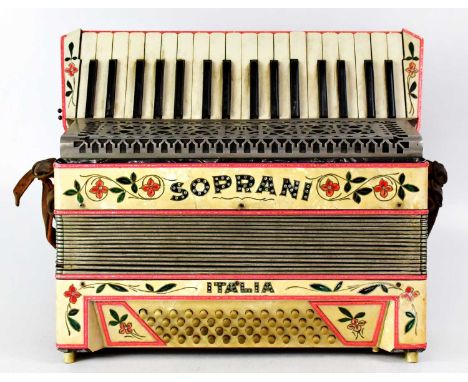 A 'Soprani' accordion in associated green military-style bag.Condition Report: - Please note that this lot is not suitable fo