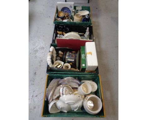 Four crates containing miscellaneous to include continental figurines, Devon ware, Copeland Spode dinnerware, Ringtons etc  