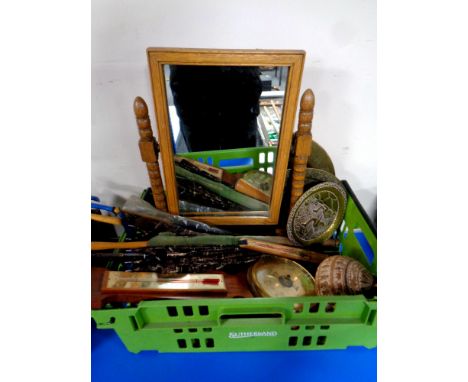 A box containing miscellaneous to include Edwardian oak dressing table mirror, banjo barometer, parasols etc  