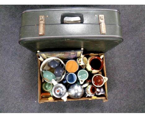 A box containing miscellaneous to include Denby ceramics teapots and mugs, mid 20th century tea service, Devon ware jug, toge