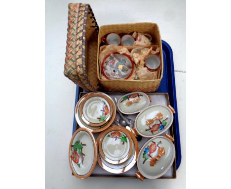 A Japanese eggshell tea service in wicker box together with a miniature Japanese export dinner service  