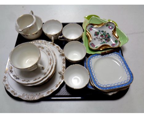 A tray of assorted ceramics : part Royal Crown tea service, Limoges Indian Tree dish, Carlton Ware dishes, blue and white san