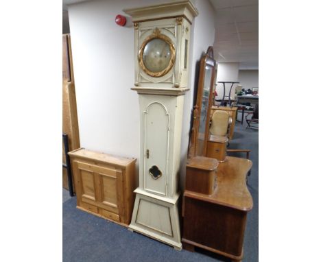 An antique continental painted longcase clock with circular dial (pendulum, no weights)