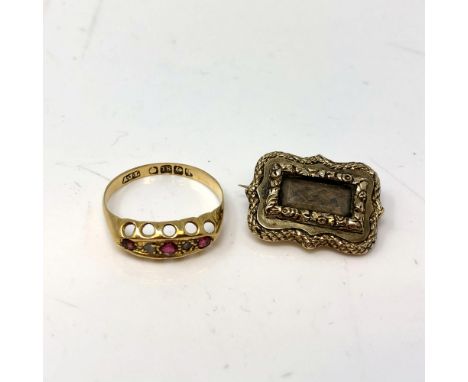 An antique 18ct gold ruby and diamond ring and an early 19th century gold memorial brooch. 