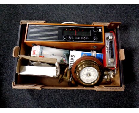 A box containing miscellaneous to include a Metamec barometer, Roberts radio together with a Roberts RM50 receiver, brass orn