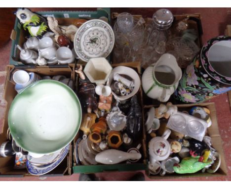 A pallet containing five boxes containing assorted tea china, glassware, ornaments, wash jug and basin, an oriental style sti