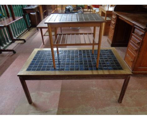 A 20th century Danish tile topped coffee table together with further tile topped side table with under shelf  