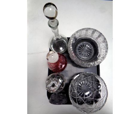A tray of 20th century glass ware : bowls, decanters, Goebel lead crystal paperweight of a stork etc 