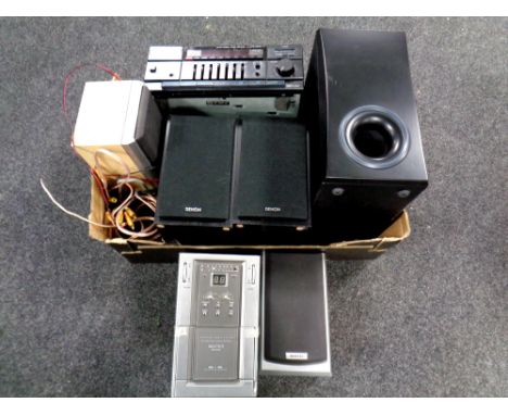 A box containing Matsui micro hifi system, pair of Denon speakers, sub woofer, a Hitachi amplifier  