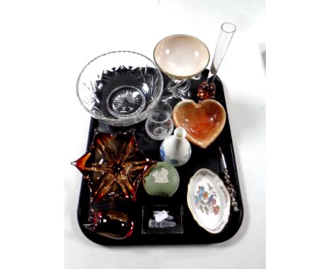 A tray of assorted glass ware and ceramics - Jasperware, trinket pot, Wedgwood bud vase and shallow dish, letter opener, comp