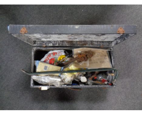 A joiner's tool box of hand tools, crow bar, hard ware etc 