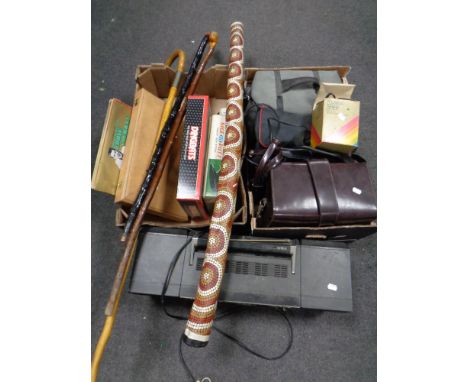 Two boxes containing miscellaneous to include video cameras, board games, games compendium, walking sticks together with a di