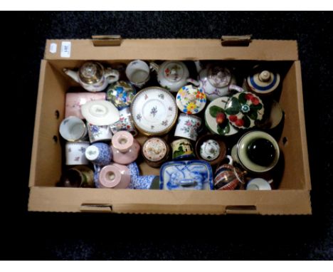 Two boxes containing 20th century ceramics to include Devonware, part Coalport Ming Rose tea service, Imari lidded pot, Chine