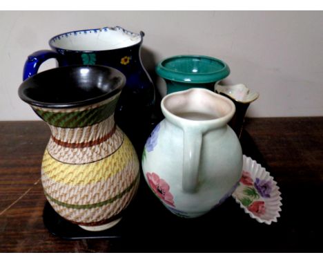 A tray containing antique and later ceramics to include a Maling oversized jug, pattern no. 3295, West German vase, Carltonwa