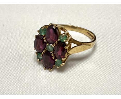 A 9ct gold ruby and emerald dress ring  