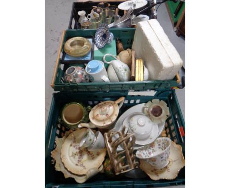 Three boxed crates containing miscellaneous to include Crown Devon Queen Anne teapot and dishes, Antler toast rack, cake stan