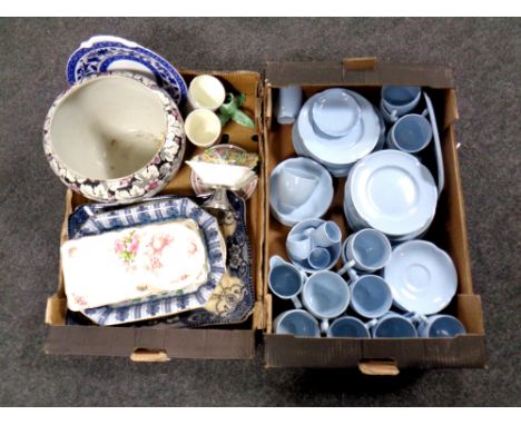 Two boxes containing assorted ceramics to include a Johnson Brothers tea service, a 19th century blue and white meat plate, f
