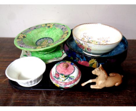 A tray containing assorted ceramics to include Maling bowls, a Sylvac figure of a horse (as found), Spode Imp basket, Ruben's
