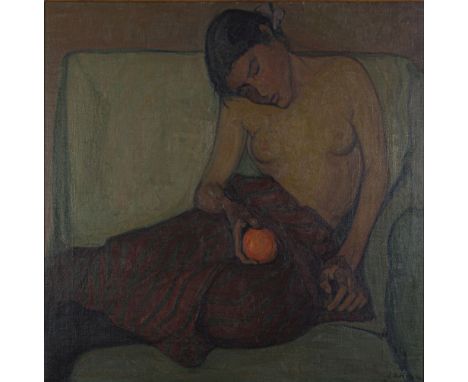 Holzmann, Adolf(1890-1968)Halbfigürlicher weiblicher Akt mit Orange, 1912Öl auf Leinwandsigniert und datiert rechts unten74 x