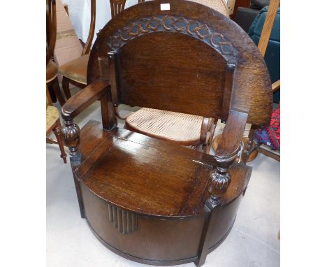 A demi-lune shaped monks bench, with carved decoration, 35½"