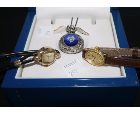 A ladies Omega Genève wristwatch with inscription on back; a ladies Rotary 9 carat cased wristwatch; a ladies modern Rotary f
