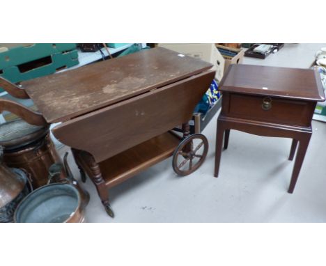 An oak drop leaf drinks trolley with shelf below; a mahogany single drawer bedside cabinet