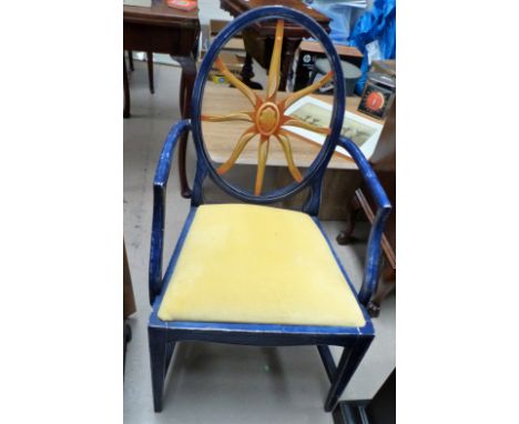 An oak pedestal occasional table, three height cake stand, a dressing stool and a blue painted chair with sun decoration