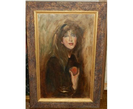 After Whistler, a half-length portrait of a young woman holding an apple, unsigned, oil on canvas.  H.53cm W.32cm