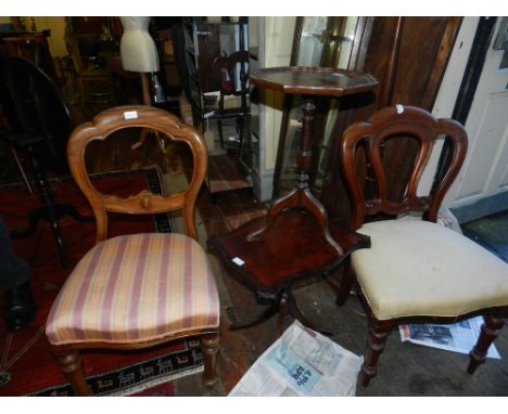 A Victorian walnut dining chair, two wine tables and a standard lamp.