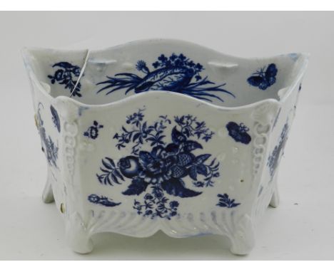 An 18th century Caughley soft paste porcelain jardiniere, decorated in under glazed blue enamels with fruit and insects.  H.1