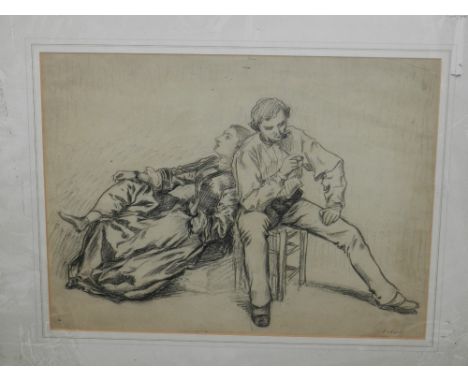 20th century Continental School, study of seated man smoking a pipe with a maiden, drawing on paper, signed lower right 'Ecke