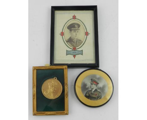 Three King Edward VIII commemorative items, including a coin medallion, compact and framed portrait study. 