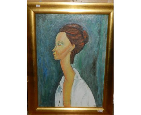 After Modigliani, a surrealist head and shoulder portrait of a young woman, oil on canvas.  H.60cm W.42cm