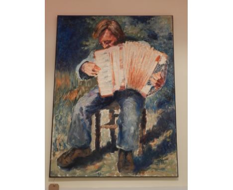 A Philippe Jamin, contemporary French school, 'L'Accorde Onniste', a post-impressionist figurative study of an accordion play