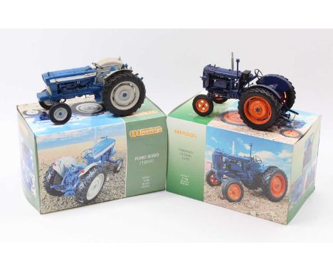 A Universal Hobbies 1/16 scale boxed tractor group to include a Fordson Major E27N together with a Ford 5000 1964 tractor, bo