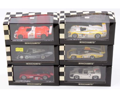 6 boxed Minichamps 1/43rd scale racing cars, with examples including a Porsche 956K 1983 as driven by Keke Rosberg, a Chaparr