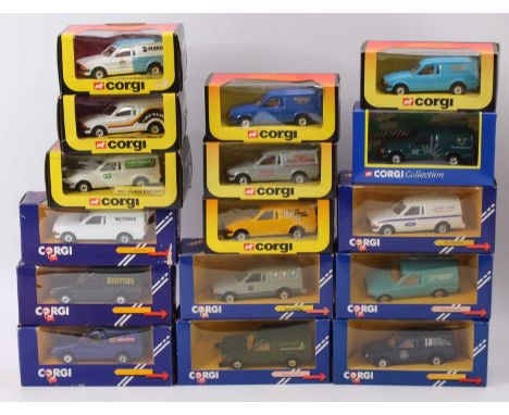 16 Corgi Toys modern issue Ford Escort Vans, all with different advertising liveries including Powergen, John Lewis, Dunlop T