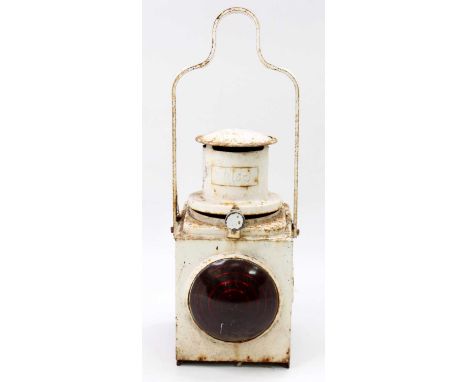 An original British Railways (SC) guard's hand lamp, hand painted in white with original carry handle, height 48cm to top of 
