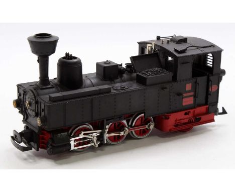 LGB 2071 G scale 45mm 0-6-2 tank locomotive finished in black, with red chassis, numbered 2. Model features backhead detail, 