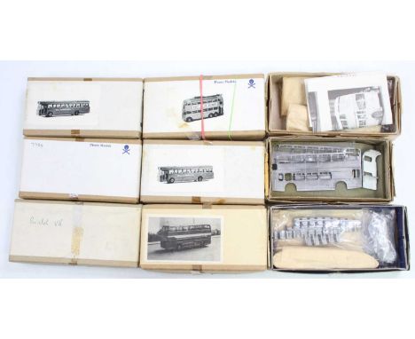 One tray containing nine various boxed Pirate models 4mm scale public transport kits to include a Q-type trolley bus, a Willo
